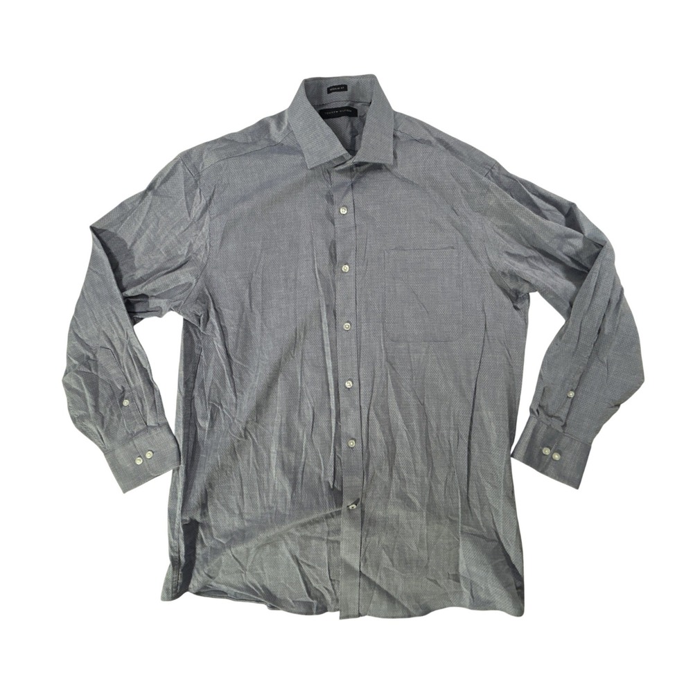 Tommy Hilfiger Mens Regular Fit Blue Micro Pattern Cotton Dress Shirt 16-16.5 L